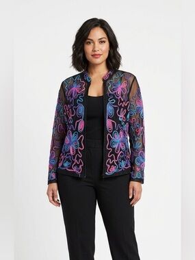 TanJay Petites Mesh Floral Embroidered Zip Up  Jacket Large Petites Vintage